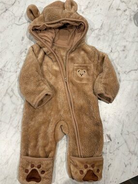 Baby Bear Fleece Pram Suit Bunting 0-3 Months Brown Hooded Zip Romper